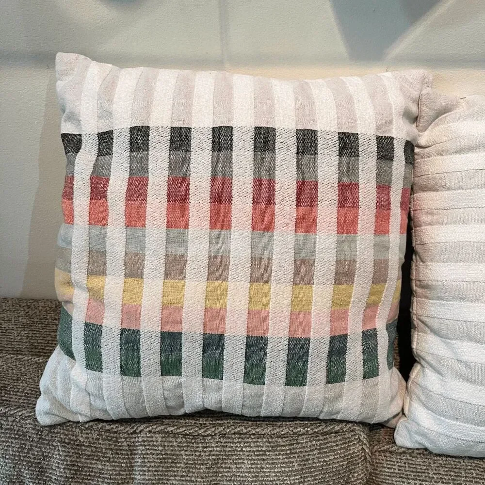 Set 2 Modern Woven Throw Pillows 18x18 Multicolor Grid Pattern Scandi MCM